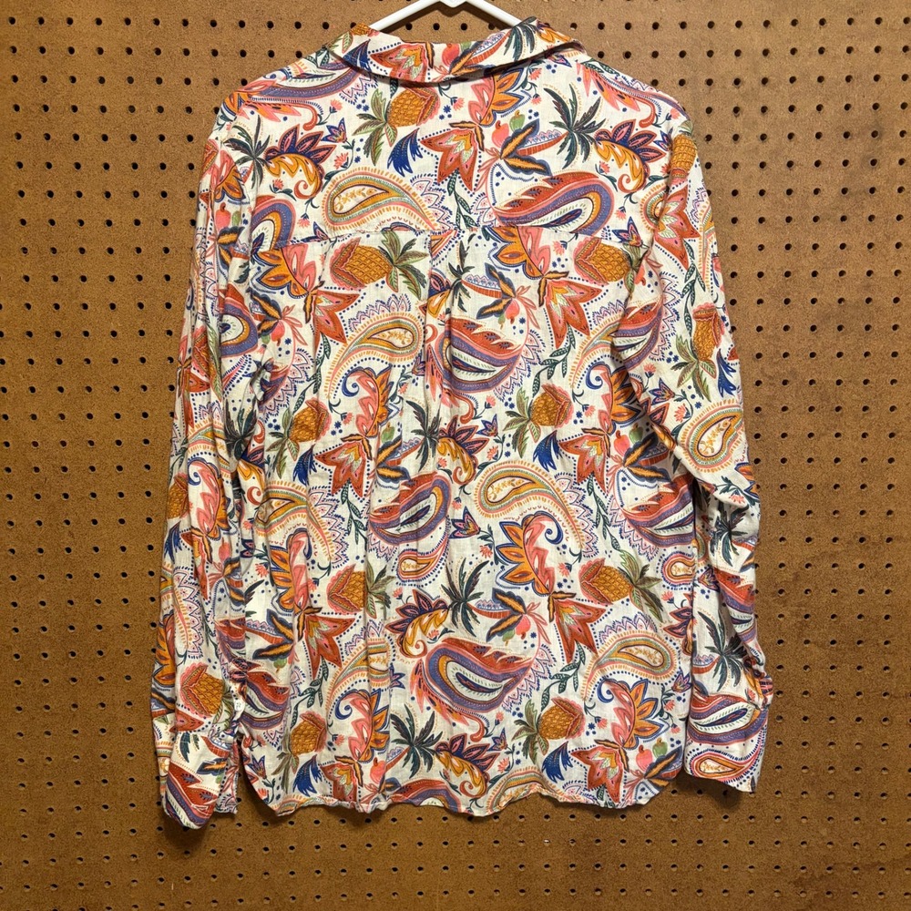 Boden Linen Button Down Shirt 8 White Orange Paisley Pineapple Tropical Sienna - Picture 3 of 6